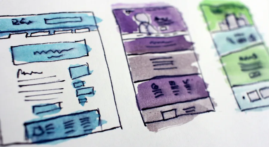 watercolor wireframe sketches of website layouts