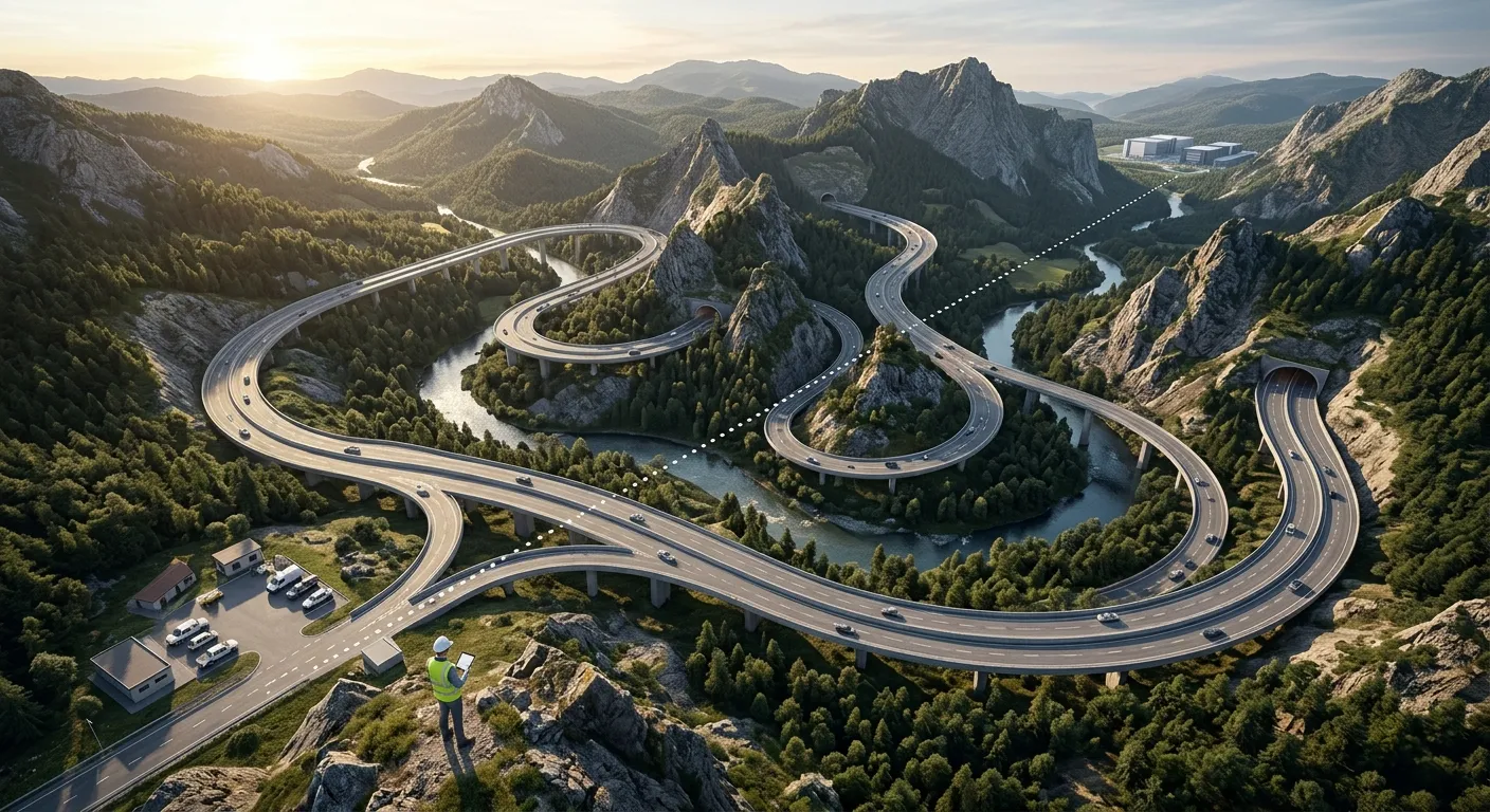 Aerial view at golden hour of an engineer on a cliff overlooking a complex mountain highway, with a superimposed straight dotted path.