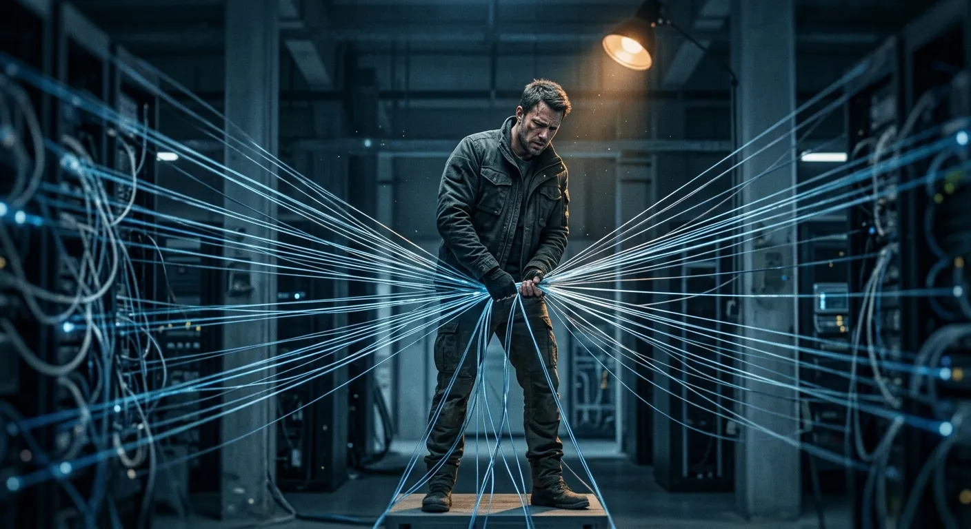 A lone tired but capable man standing at the center of a complex web of glowing threads or cables, each one connecting outward to other nodes.