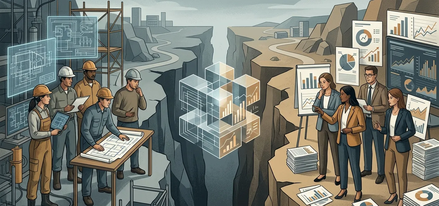 Two groups of people on opposite sides of a wide visual gap or divide, each looking at the same object from a different angle and seeing something completely different. One side has technical blueprints or screens, the other has graphs or business documents.